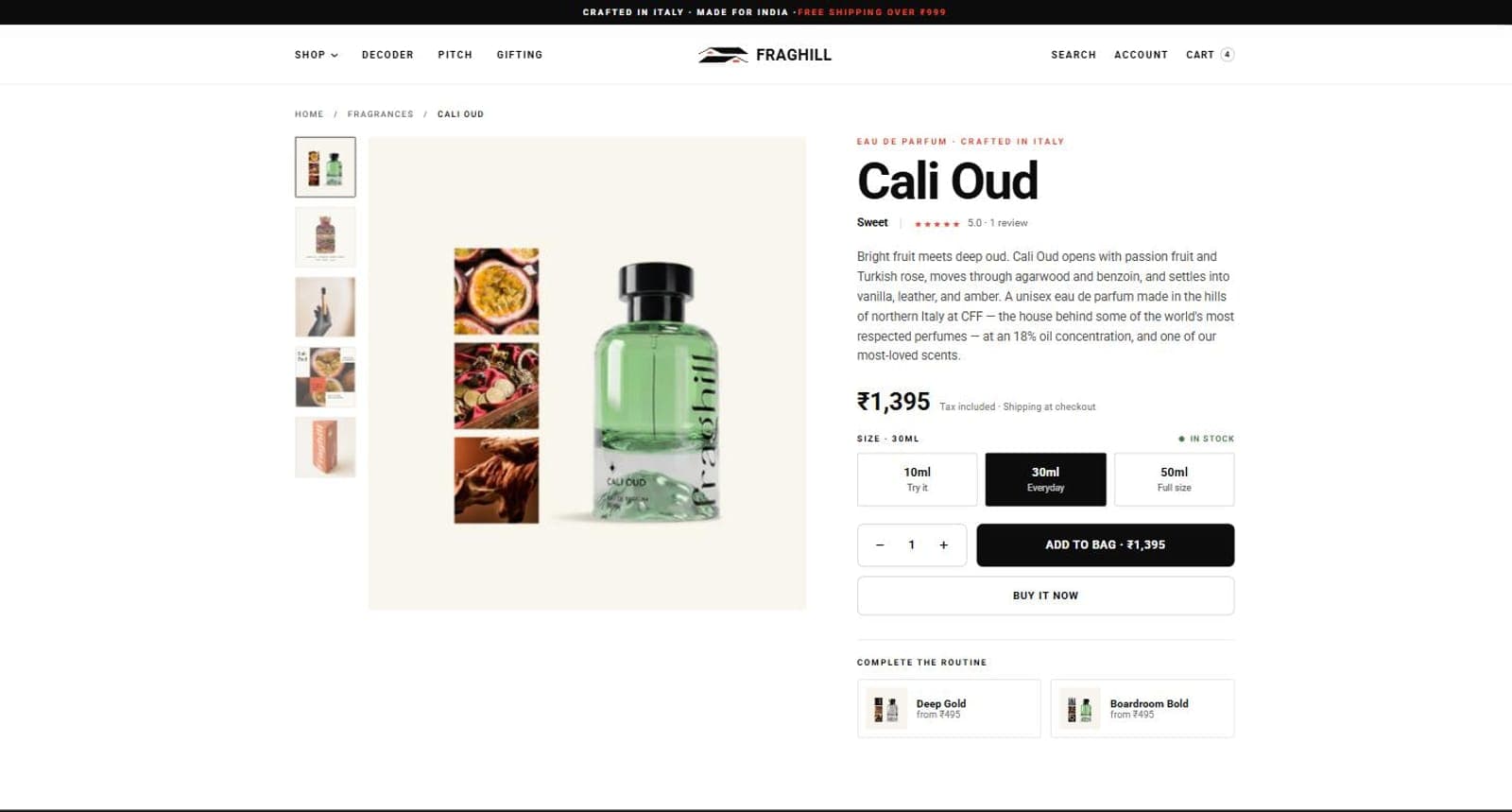 Fraghill product page for Cali Oud showing 10ml, 30ml and 50ml size options