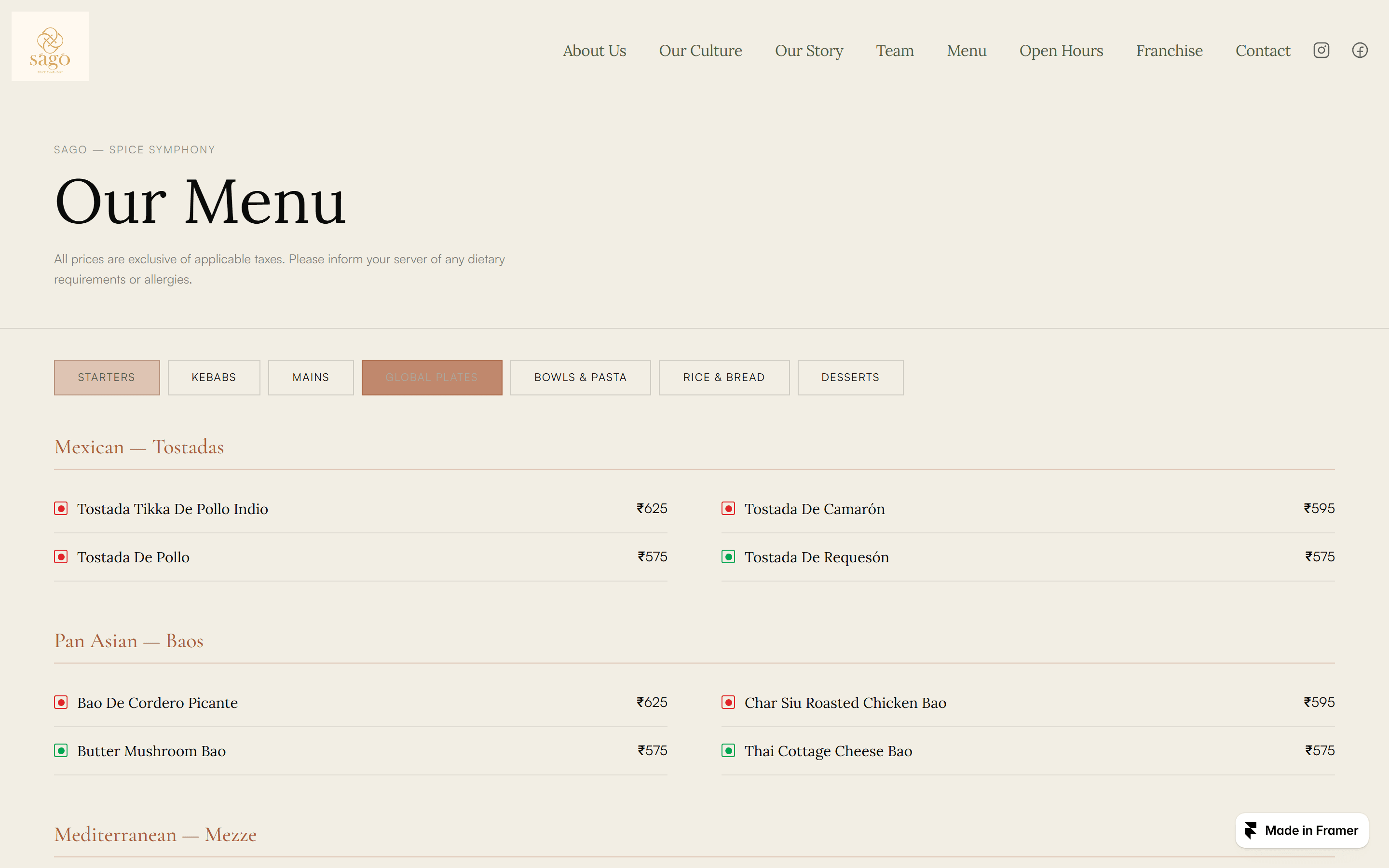 Sago Hospitality — Menu